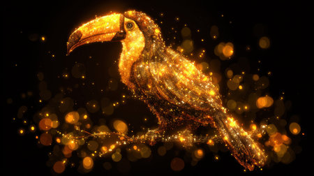 This stunning illustration features a sparkling toucan perched on a branch, surrounded by glowing elements that create a magical atmosphere, perfect for wildlife themes.の素材