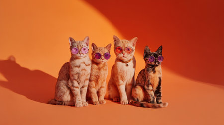 This captivating image features four fashionable cats donning vibrant sunglasses against a striking orange background, highlighting their playful personalities and charm.の素材