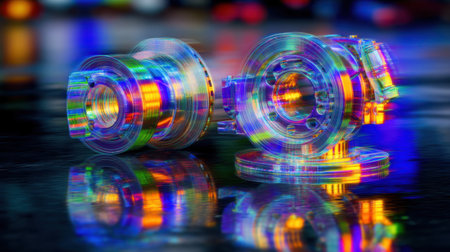 This vivid abstract image showcases colorful transparent mechanical parts reflecting light, creating a mesmerizing visual experience with vibrant patterns and brilliant colors.の素材