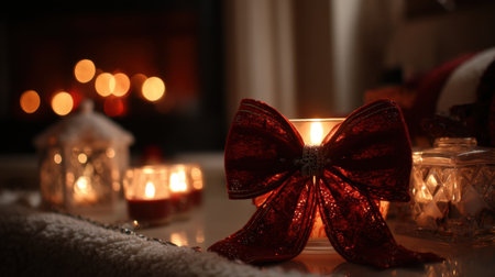 Experience a serene and inviting candlelit setting with a beautiful red bow, soft textures, and glowing lights perfect for winter and holiday celebrations.の素材