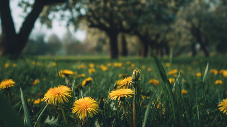 A close-up view highlights vibrant yellow dandelions flourishing in a lush green field. The enchanting scene captures the essence of spring in a peaceful outdoor environment.の素材
