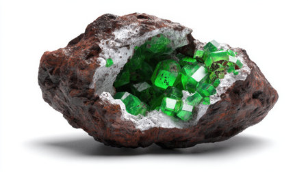 A captivating image of emerald crystals set in a rocky matrix, showcasing their striking green hues and intricate shapes. Ideal for nature lovers and collectors.の素材