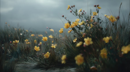 Explore the serene beauty of vibrant yellow wildflowers blooming amidst lush green grass, set against a dramatic overcast sky, evoking feelings of peace and tranquility.の素材