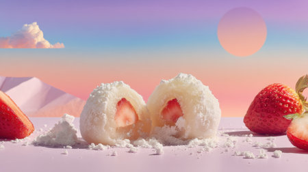 This captivating image showcases a strawberry-filled dessert with a soft, creamy texture, surrounded by fresh strawberries and a vibrant pastel background, perfect for food lovers.の素材