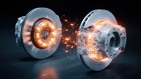 Vivid depiction of brake discs with sparks, illustrating the energetic force in the braking process within a mechanical automotive setting. A striking visual for engineers.の素材