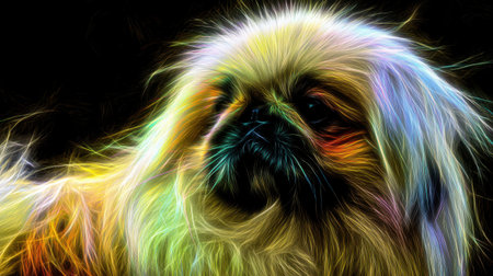 This stunning portrait features a Pekingese dog showcased with vibrant colors and artistic effects, creating a mesmerizing image that captures the charm and personality of this beloved breed.の素材