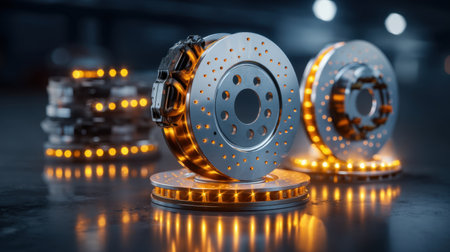 Close-up view of metallic brake discs illuminated with LED lights, showcasing intricate design and engineering in an automotive setting. Perfect for technology enthusiasts.の素材