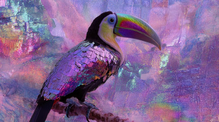 A stunning portrayal of a colorful toucan perched gracefully on a branch, set against a fantastical iridescent background filled with vibrant hues.の素材
