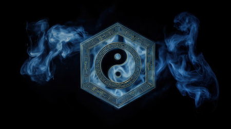 This captivating image features an ethereal swirl of blue smoke around a yin-yang symbol, representing balance and harmony within a mystical dark background.の素材