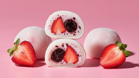 An enticing display of mochi filled with strawberry and chocolate, set against a soft pink background, perfect for showcasing culinary creativity and indulgence.の素材