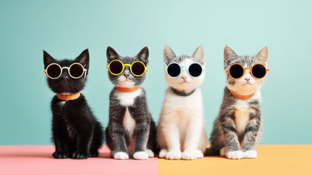 Four adorable kittens with stylish sunglasses on a vibrant background. Perfect for pet lovers and creative projects showcasing playful and fashionable animal moods.の素材