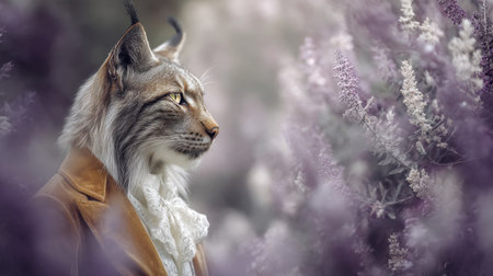 A stunning portrait of a lynx dressed in an elegant coat, framed by delicate lavender flowers, showcasing a unique blend of fantasy and natureの素材