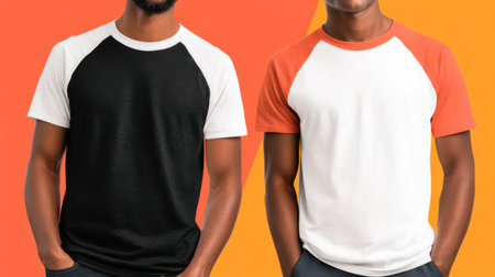 Two fashionable men showcase trendy t-shirts with contrasting sleeve colors against a vivid orange backdrop, perfect for lifestyle and fashion visual content.の素材