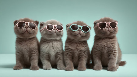 Four adorable kittens wearing stylish sunglasses sit together against a soft mint green background, embodying charm and playfulness in this delightful pet portrait.の素材