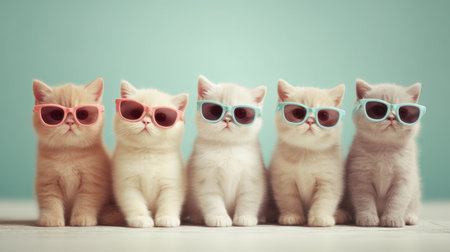 A row of adorable kittens wearing colorful sunglasses, showcasing their playful personalities against a pastel backdrop, perfect for pet lovers and cheerful imagery.の素材