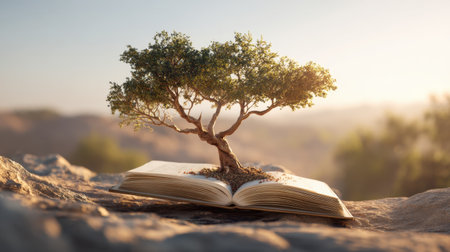 This enchanting image captures a tree emerging from an open book, symbolizing growth and knowledge. The scene is illuminated by soft sunrise light, creating a serene atmosphere.の素材