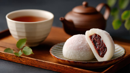 Delight in a traditional Japanese dessert showcasing soft mochi filled with sweet red bean paste, perfectly paired with fragrant tea in a serene setting.の素材