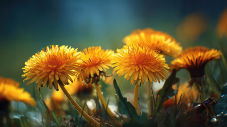 A stunning display of vibrant dandelions flourishing in a green field, illuminated by soft natural light. This image captures the serene beauty of nature and blooms.の素材