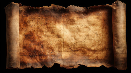 A beautiful ancient scroll featuring a weathered map, perfect for creative projects, vintage designs, or as a background element in artistic works.の素材