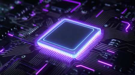 This abstract image features a glowing microchip on a detailed circuit board, showcasing vibrant colors and intricate patterns that reflect modern technology and innovation.の素材