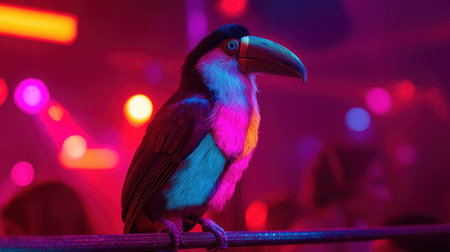 A striking toucan stands majestically in a vibrant nightclub, illuminated by colorful neon lights. This unique blend of nature and nightlife creates an unforgettable image.の素材