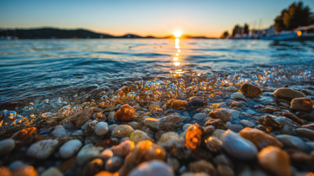 A serene sunset illuminates calm waters, reflecting vibrant colors while gentle waves lap against smooth stones along the shoreline, creating a tranquil ambiance.の素材