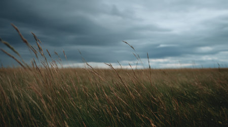 This image showcases a peaceful landscape featuring tall grass swaying gently in the wind beneath a moody sky filled with dramatic clouds, embodying nature's calmness.の素材