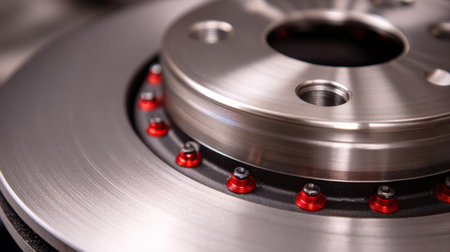 This image showcases a close-up view of a high-performance brake disc featuring a smooth metallic finish, intricate details, and eye-catching red fasteners, ideal for automotive showcases.の素材
