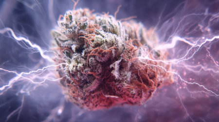 Captivating close-up image of a cannabis bud surrounded by electric sparks, highlighting intricate textures and vibrant colors. Ideal for artistic and educational use.の素材