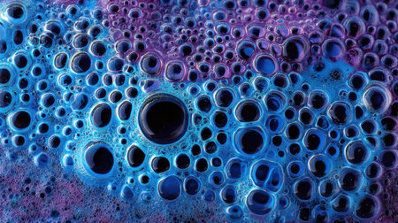 Explore the mesmerizing abstract close-up of colorful bubbles and soap foam, showcasing vibrant blue and purple shades. Perfect for artistic and creative projects.の素材