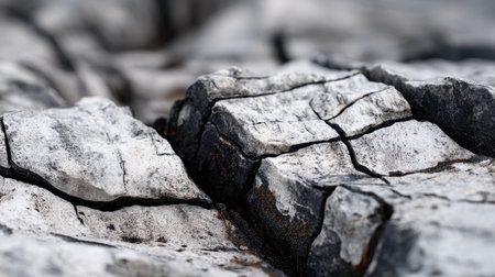 An intricate close-up view of a cracked rock surface showcasing unique textures and contrasting shades of gray and black, ideal for nature and geology projects.の素材