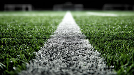 This image captures the beauty of a soccer field at night, featuring a clean white line on lush green grass, creating a tranquil yet energetic atmosphere for sports.の素材