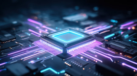 This captivating image showcases a close-up view of a futuristic CPU chip surrounded by intricate circuitry and vibrant neon lights, highlighting technological advancement.の素材