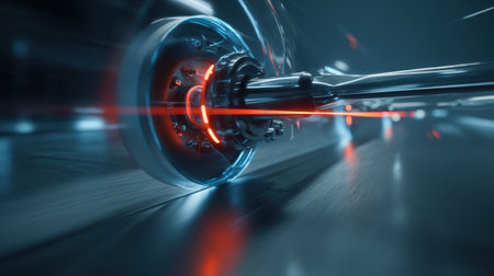Experience a captivating close-up of a high-tech mechanism showcasing vibrant glowing elements against a motion-filled backdrop, focusing on innovation and precision.の素材