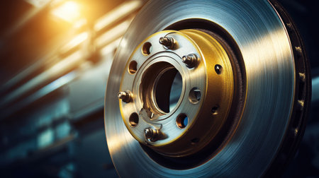 This image showcases a detailed close-up of a brake rotor, emphasizing its shiny surface and intricate design, capturing the essence of automotive engineering excellence.の素材