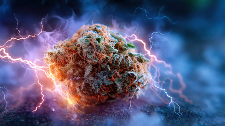 Discover a stunning cannabis bud with intricate textures, enhanced by swirling electric energy, capturing the essence of nature's raw power in a surreal atmosphere.の素材