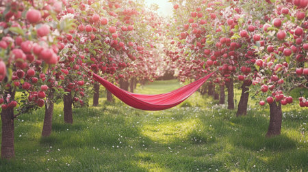 A serene scene featuring a red hammock nestled among apple trees laden with ripe fruit, ideal for relaxation and enjoying nature's beauty.の素材