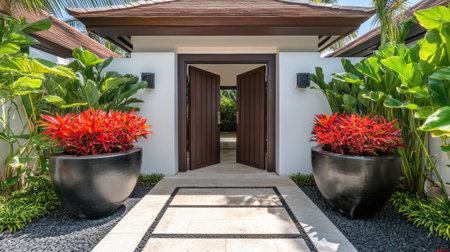 A stunning entrance showcasing a beautifully designed doorway surrounded by vibrant foliage and decorative planters, creating a welcoming atmosphere.の素材