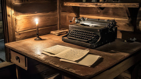 A warm and inviting scene captures a vintage typewriter resting on a rustic wooden desk. The flickering candlelight illuminates old letters, creating a nostalgic atmosphere perfect for writing and inspiration.の素材