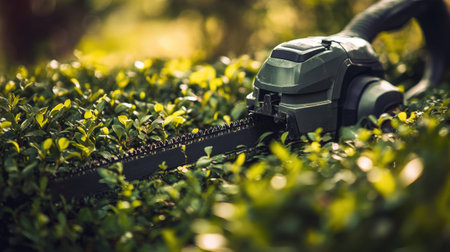 An electric hedge trimmer rests on vibrant green bushes, capturing the essence of garden maintenance under bright sunlight, symbolizing outdoor care.の素材