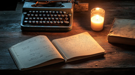This image features a vintage typewriter and a softly glowing candle beside handwritten notes. The warm atmosphere creates a nostalgic workspace, ideal for inspiring creativity and reflection in writing or artistic pursuits.の素材