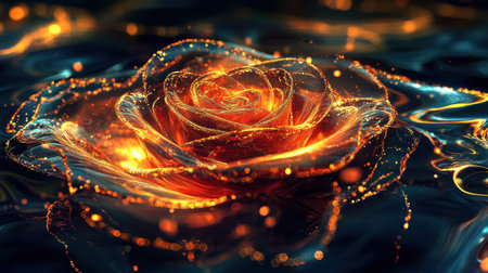 A stunning close-up of a glowing rose with radiant orange petals resting on shimmering water, capturing the essence of beauty and elegance in nature.の素材