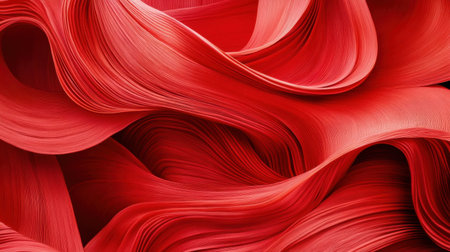 This striking image showcases the elegant flow and texture of red silk fabric, capturing its dynamic motion and rich detail in a mesmerizing abstract design.の素材