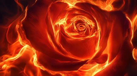 A captivating close-up of a rose engulfed in flames, showcasing vibrant reds and oranges. This dramatic image symbolizes passion and beauty, offering a striking visual representation of the transient nature of life and love.の素材