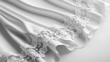 A stunning close-up of luxurious white fabric with elegant lace trim, showcasing intricate details and soft textures, ideal for fashion and design inspiration.の素材