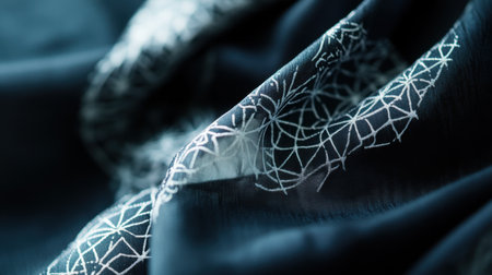 This photograph showcases a close-up view of beautifully textured fabric featuring intricate white patterns against a dark backdrop, highlighting elegance and sophistication.の素材
