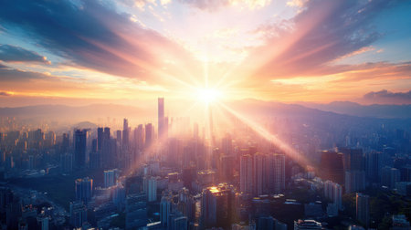 A stunning sunrise illuminates a sprawling city skyline, with vibrant sunbeams piercing through clouds, creating a breathtaking urban landscape.の素材