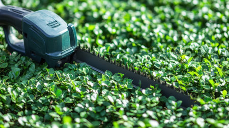 A close-up view of an electric hedge trimmer actively cutting through vibrant green foliage in a well-maintained garden, showcasing precision and care.の素材