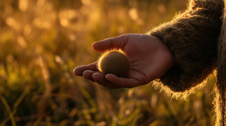A serene image of a hand holding a soft, textured sphere, illuminated by warm sunlight in an autumn field, evokes feelings of tranquility and connection with nature.の素材