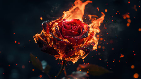 A stunning image of a rose engulfed in flames, showcasing vibrant red petals and captivating fire effects against a dark backdrop, evoking passion and intensity.の素材